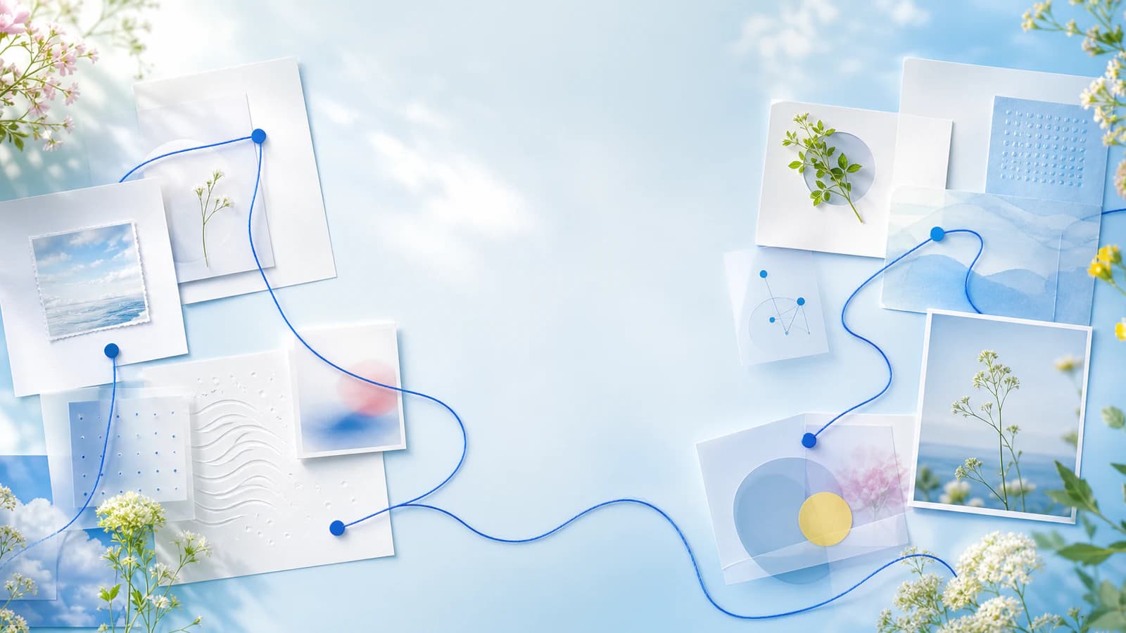 Airy research cards and botanical samples connected with a cobalt thread