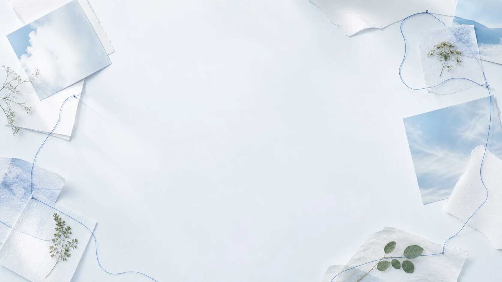 Research fragments and botanical samples linked by a fine blue thread in a bright editorial composition.