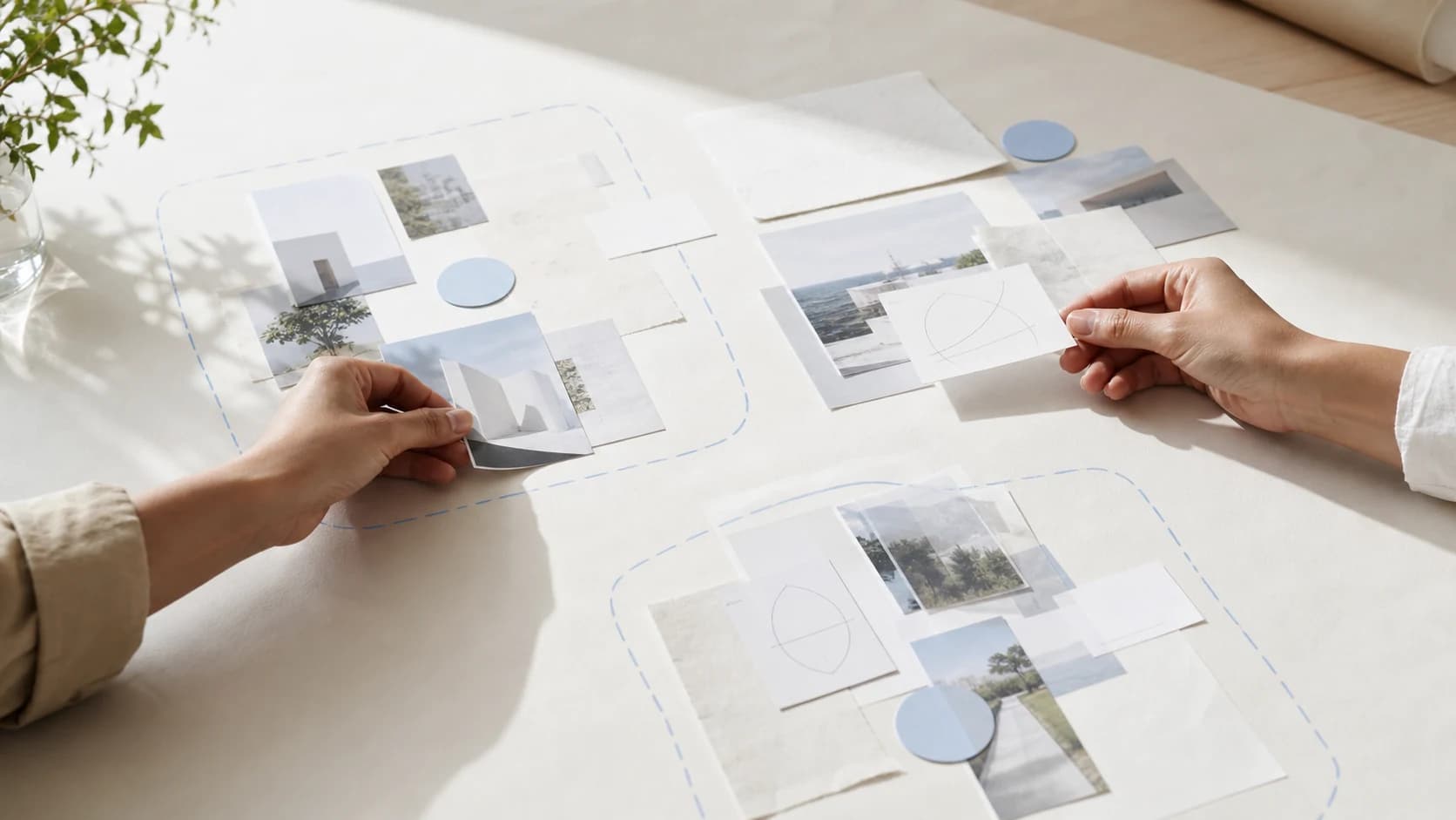 Two collaborators arrange photographs and diagrams into clear groups on a sunlit table.