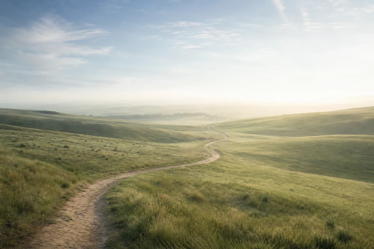 A quiet path winds through rolling hills toward a bright horizon.